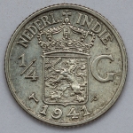 Numismática, Índias Holandesas. 1/4 G. Prata 1942. Lindo exemplar.