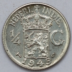 Numismática, Índias Holandesas. 1/4 G. Prata 1945. Linda.