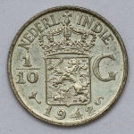 Numismática, Índias Holandesas. 1/10 G. Prata 1942.