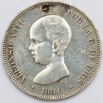 Numismática, Espanha. 5 pesetas em prata 900 com furo. 24,6g