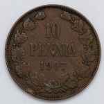 Numismática, Finlândia. 10 Pennia. 1907. Linda.