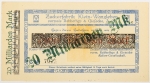 Numismática, Alemanha. Magnífica cédula particular de fábrica de açúcar. Contramarcada de 2 milhões para 20 bilhões  (Milliarden) de Marcos.