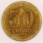 Numismática, Brasil. 50 Centavos 1945. Cunho deslocado.