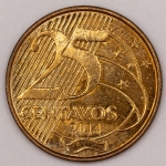 Numismática, Brasil. 25 Centavos 2014. Flor de Cunho. Escassa. Baixa cunhagem. 39.552.000.
