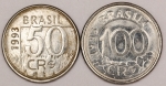 Numismática, Brasil. 50 e 100 Cruzeiros 1993. Onça pintada e Lobo guará.