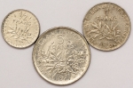 Numismática, França. Lote com 3 moedas. 1/2, 1 e 5 francos. 