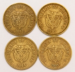 Numismática, Colômbia. Lote com 100 Pesos 1992-1993-1994-1995.