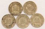 Numismática, Portugal. 5 Moedas 50 Réis 1919.