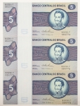 Numismática, Brasil. Lote com 3 Cédulas 5 Cruzeiros Seriadas. Flor de Estampa.