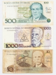 Numismática, Brasil. Lote com três cédulas de Cruzados. 10, 500 e 1000. A1491058570A, A8042079840A e B0532083083A.