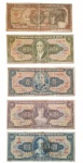 Lote com 5 (cinco) cédulas brasileiras de cruzeiros, sendo de 1000, 50, 20 e 10.