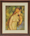 Reprodução artística Baigneuse - by Renoir. Figura feminina (banhista) em meio fundo paisagistico difuso. Spaden 1969. * SPADEM: É a sigla para a Société de la Propriété Artistique et des Dessins et Modèles, uma sociedade francesa de direitos autorais e propriedade artística que autorizava e supervisionava a reprodução de obras de arte.1969: Indica o ano de produção dessas impressões, que eram feitas em papel de boa qualidade ou até mesmo em tela, como um fotolito.  Mede 72x62 cm C/M  /  49x39 cm S/M.