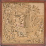 Gobelin com cena campestre de inspiração pastoral, com figuras femininas repousando em meio à paisagem bucólica. 55x54 cm c/m  /  51x50 cm s/m.