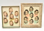 Par de quadros com fotografias retratando crianças em composições múltiplas, moda de época nos retratos de estúdio da década de 1950 e início dos anos 1960.  Originalmente produzidas em preto e branco recebiam coloração manual em tons suaves. Técnica característica da fotografia retratada (hand colored photo), que conferia aspecto pictórico e realce às feições. 37x31 e 33x27 cm
