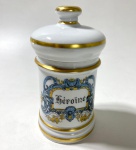 RARO E PEQUENO POTE DE FARMÁCIA EM PORCELANA FRANCESA COM DECORAÇÃO BRANCA E OURO COM A DESCRIÇÃO HEROINE -MEDIDA: 12 CM