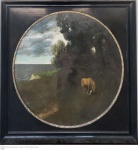 Eugen Rosenfeld pintura Europeia com cena campestre com dois cavalos selvagens em óleo sobre tela no formato redondo medindo a parte útil 72 cm de diâmetro emoldurado em jacarandá medindo 88 cm por 88 cm.