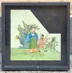 Técnica mista sobre cartão com personagens em paisagem medida interna 32 cm por 32 cm, e total 42 cm por 42 cm.