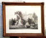 Antiga gravura emoldurada sobre vidro titulada "Florence Au 15 Siècle". Medida interna 55 cm x 80 cm e total 93 cm x 115 cm.