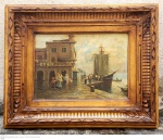 Eugenio Scorzelli (1890-1958) Italy Atribuído óleo sobre chapa de madeira" Cais de porto e com figura em desembarque"  medida interna 25 cm por 35 cm e total emoldurado de época 47 cm por 570cm pertenceu a coleção Joseph e Ottília Cristescu.