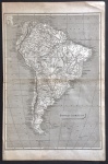 mapa - South America - drawn and engraved by J. Russell nº 9 - upper pratt place,camden town -Drawn underthe directionof Mr. Arrowsmith and Publish` d as the Act directs May 2nd.1809  - dobra central horizontal - papel amareladas - imagem (35,5X25,5) cm. - com as margens (41,5X27)cm.