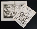 gravura - conjunto de 2 itens - Vue Sud Ouest De Williams Fort Ou Du Fort Guillaume A Juida e Plan du Fort Anglois de Juida ou Fort Williams - J. Van Schley - 1748 -Gravura em metal - a maior com dobra no centro da página dupla do livro - em bom estado de conservação - apenas levemente amarelada - tamanho da folha (25,5X32,5) cm e (25,5X19) cm.