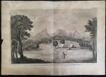 gravura - A View of the Commodores Tent at the Island of Juan Fernandes - J. Mason sculp. - Anson George (1697-1762) - Published by W. Bowyer- 1776 - gravura pertencente a obra Voyage Round the World - papel amarelado  - marca de dobra central vertical - borda lateral esquerda levemente danificada  - (29,3X 41) cm.