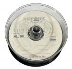 Lote de mídias CD-R Nipponic SL 80 700MB/80min 1X-52X, Spindle contendo aproximadamente 25 discos. Mídias virgens para gravação, com tecnologia Makrolon da Bayer.