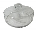 Cloche/cúpula de vidro transparente grande e pesada, com alça de botão e bordas lapidadas, marcas do tempo. -dim- 26d x 14a