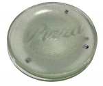 Conjunto de 6 pratos de pizza em vidro texturizado (jato de areia/fosco), com a palavra `Pizza` em relevo e marca Cristais Cambé. Marcas do tempo. -dim- 24d.