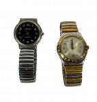Lote de 2 relógios de pulso de quartzo (Mulher e Swatch bicolor) com pulseiras de metal extensíveis, no estado, ideais para restauro ou peças.