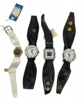 Lote de 4 relógios de pulso vintage (cuff/pulseira larga), incluindo modelos Civeli, com mostradores redondo e quadrado, e pulseiras em couro e tecido. Itens necessitando revisão/manutenção. No estado.