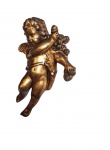 Escultura em estilo barroco, confeccionada em gesso patinado dourado, para pendurar, representando um Querubim com ramos de flores. Marcas do tempo. -dim- 33x22x9