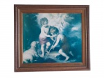 Quadro europeu emoldurado em madeira e douração, com a reprodução da obra, `Sagradas crianças com uma concha` de Bartolomé Murillo, Museu do Prado, Madri. Marcas do tempo. -dim- 72,5x64