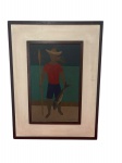 Djanira da Motta e Silva (Avaré, São Paulo, 1914 - Rio de Janeiro, Rio de Janeiro, 1979), `Pescador `. Serigrafia colorida sobre papel. Assinada  , fundo de eucatex, não autenticado- dim - 23x35