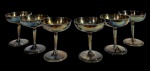 Lote de 6 Taças Coupé Vintage, folheadas/espessuradas a prata (`Silver-plated`), estilo Champanhe/Sobremesa, com base decorada e marca `aec`; bom estado de conservação com pátina natural. Marcas do tempo. -dim- 9d x 10a
