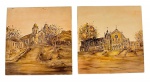 Par de placas cerâmicas grandes pintadas à mão, século XX, retratando vistas arquitetônicas de Penedo, Alagoas, com uma placa identificada como `Convento de Santa Clara`. Marcas do tempo. -dim- 30x30     