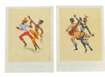 Par de desenhos em técnica mista, assinado Giovannino (atribuído a Giovanni Gargano, séc. XX), intitulados Nega Maluca, com figuras dançantes em trajes folclóricos brasileiros. Marcas do tempo. -dim- 20x30.
