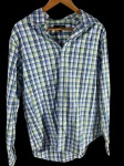 Camisa social masculina Banana Republic Soft Wash, tamanho L, de algodão xadrez nas cores azul, verde e branco. Marcas do tempo.