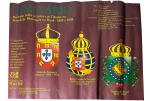 Cartaz original do Seminário UFRJ Reflexões Sobre as Artes e as Ciências no Período da Monarquia no Brasil (1808-1889). Design gráfico com os três brasões monárquicos e menção aos 500 Anos do Brasil, c. 2000. Marcas do tempo. -dim- 59x45
