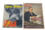 Lote de 2 raras revistas de época brasileiras: Edições históricas que cobrem o suicídio de Getúlio Vargas (1954) e o assassinato de Robert F. Kennedy (1968), além de propaganda Shell (I.C.A.) e capa política de O Cruzeiro (1968). Marcas do tempo. -dim- Kennedy 26x35 Getúlio 27x40