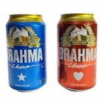 Par de Latas de Cerveja Brahma Chopp 350ml Edição Comemorativa do Festival de Parintins 2017, destacando os símbolos icônicos dos bois Caprichoso (Estrela) e Garantido (Coração). Marcas do tempo.