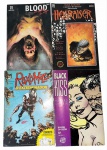 Lote de 4 Primeiras Edições (N°1) de HQs cult brasileiras de terror/adulto, anos 90: Blood, Hellraiser, Roxo Mill (Editora Abril) e Black Kiss de Howard Chaykin. Marcas do tempo.