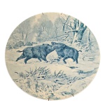 COLECIONISMO - Medalhão em porcelana europeia pintado à mão representando casal de javalis, Diam.  38 cm.