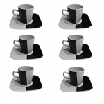 Seis xícaras para café com pires com bordas oitavadas em porcelana Schmidt nas cores preta e branco, Alt. 6, Diam. 5 cm.