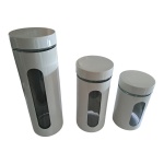 Três potes para mantimentos com visor em vidro com  revestimento de metal branco, Alt.  30 a 18, Diam. 10 cm.