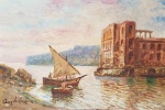 Angelo Cannone (1899-1992) Castel dell'Ovo / Golfo de Nápoli - Óleo s/eucatex, A.C.I.E - Dimensão: 30 X 20 cm