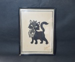 Serigrafia emoldurada com proteção de vidro, retratando gato preto carregando uma cesta com um gatinho dentro - A.C.I.D, assinatura não identificada - Dimensão: 32 X 25 cm