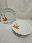 Jogo de 6 pratos rasos de mesa em porcelana Real flor laranja com friso ouro. Medindo 25cm de diâmetro.