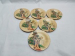 Jogo de 6 porta copos em bambu chinês com imagens de gueixas. Medindo 11cm de diâmetro.