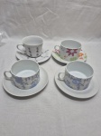 Lote de 4 xícaras de chá em  porcelana diversas, 2 com pires adaptado.
